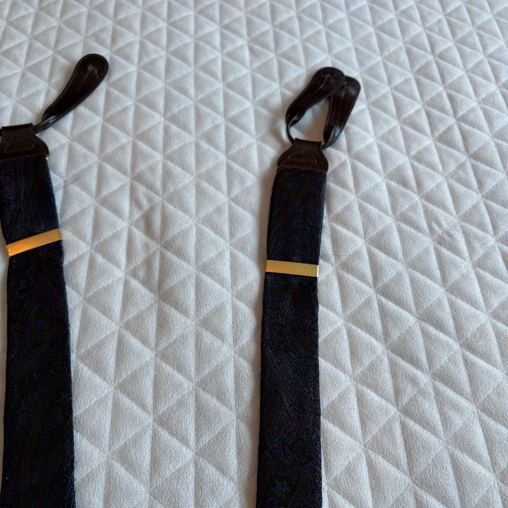 Trafalgar Men’s Suspenders Blue Purple Paisley Floral Print Leather Fittings - Picture 7 of 10